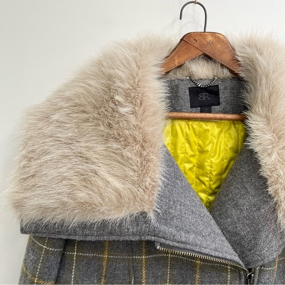 Banana Republic Women’s Faux Fur Plaid Moto Jacket Coat Wool Blend Gray Yellow M - Picture 9 of 16
